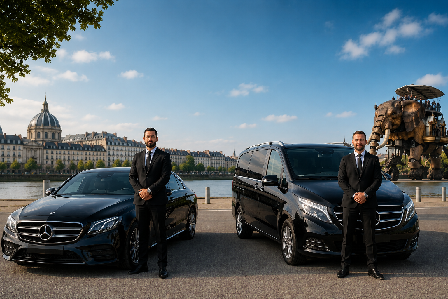 Professional taxi and VTC drivers in front of a Mercedes sedan and van, Nantes Atlantique airport transfer to the city